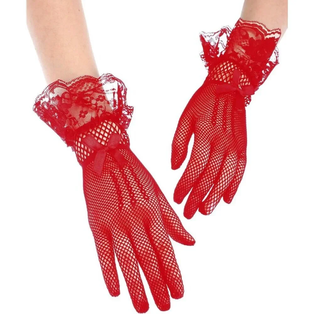 Women's Elegant Wine Red Short Bow Style Lace Gloves Dinner Wedding Party Prom